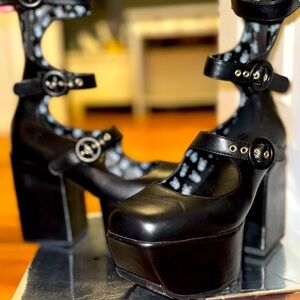 DollsKill gothic black triple strap platform heels size 9